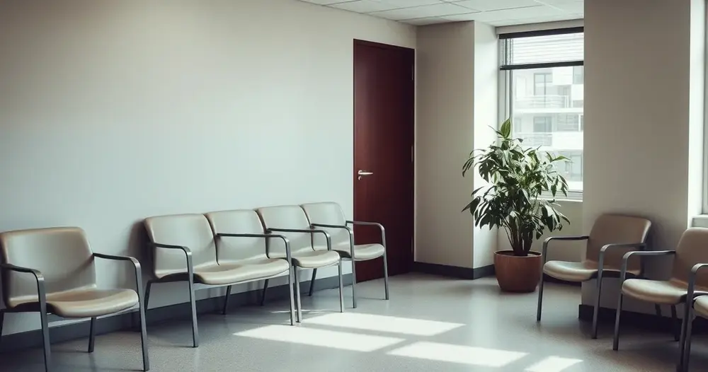 Sala de espera vazia com cadeiras simples encostadas na parede e um vaso no canto