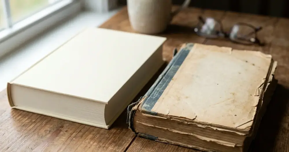 Livro novo ao lado de um livro velho de bordas gastas sobre escrivaninha de madeira